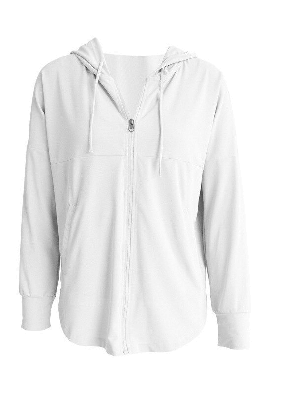 White sports loose women's jacket with hood, nylon and spandex, perfect for jogging and yoga, product code SF0138.